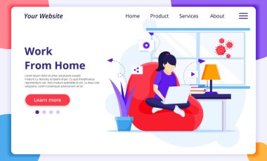 Ev kavramından yola çıkarak, A Woman dizüstü bilgisayarda çalışır ve masa başında oturur, Coronavirus salgını sırasında evde kalır, karantinada kalır. Modern düz web iniş sayfası şablonu. Vektör illüstrasyonu