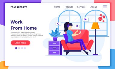 Ev kavramından yola çıkarak Coronavirus salgını sırasında evde oturup karantinada kalan bir kadın. Modern düz web iniş sayfası şablonu. Vektör illüstrasyonu