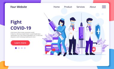 Fight the Virus Concept, Doctor and nurses use sword and shield to fighting Covid-19 coronavirus. Modern flat web landing page design template. Vector illustration clipart