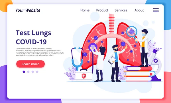 Pulmonoloji konsepti, doktorlar insan ciğerlerinde COVID-19 Coronavirus enfeksiyonu ya da sorunu olup olmadığını kontrol eder. Web sitesi ve mobil web sitesi geliştirme için modern düz web sayfası tasarımı. Vektör illüstrasyonu