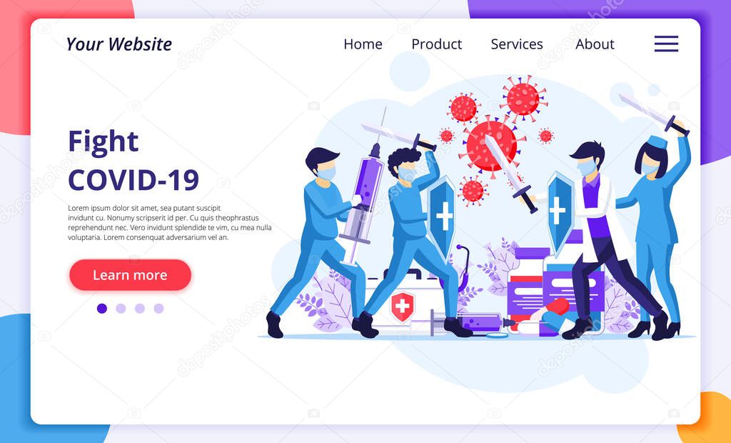 Fight the Virus Concept, Doctor and nurses use sword and shield to fighting Covid-19 coronavirus. Modern flat web landing page design template. Vector illustration