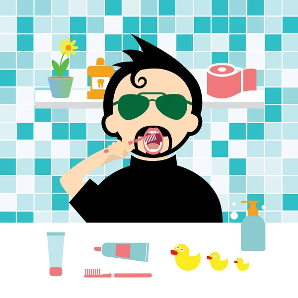 Uomo lavarsi i denti prima di coricarsi — Vettoriale Stock