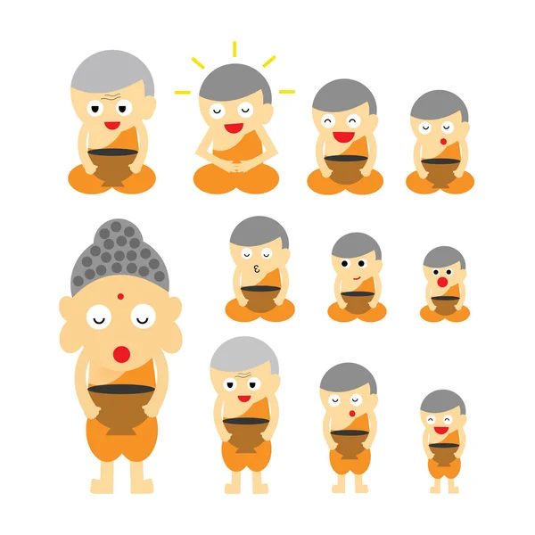 Conjunto de desenhos animados monges budistas — Vetor de Stock
