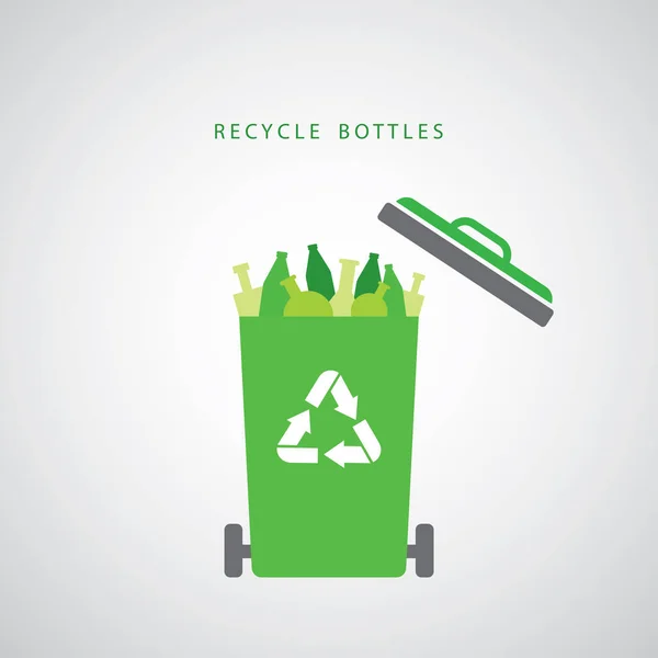 Botellas en una papelera de reciclaje verde — Vector de stock