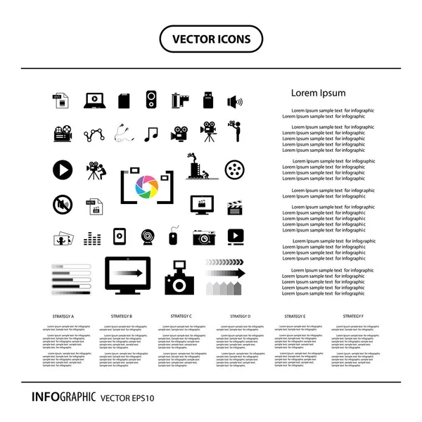 Vektör Çizim Tasarım Film Medya Icons Set — Stok Vektör