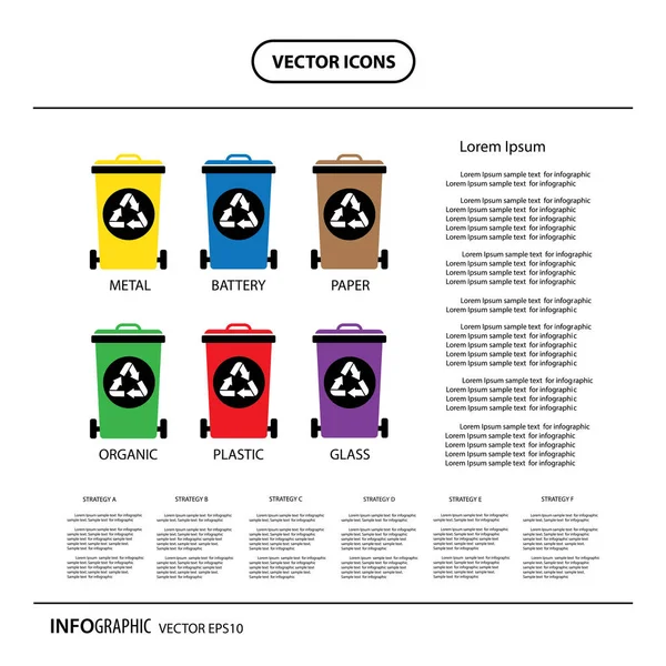 Categorías reciclar papeleras — Vector de stock
