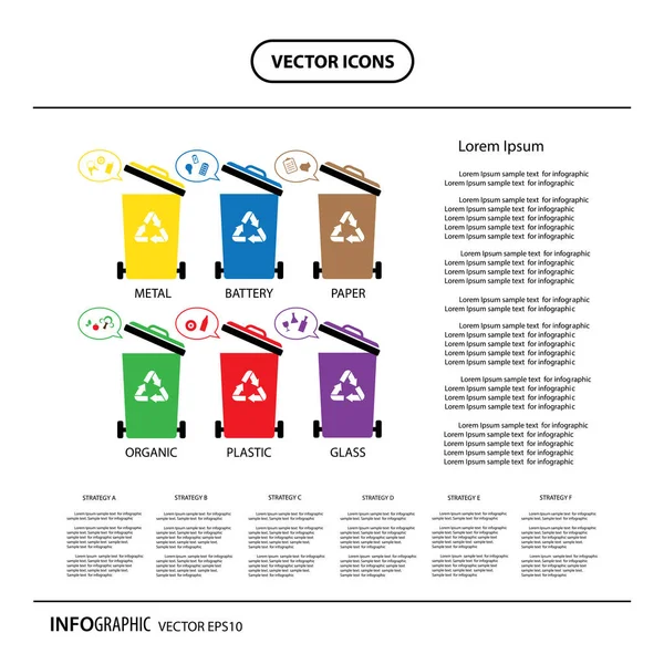 Categorías reciclar papeleras — Vector de stock