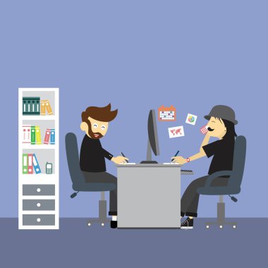 ofis çalışanı ve yaratıcı ofis iç, iş kavramı istemcisinde çizgi film karakterleri  