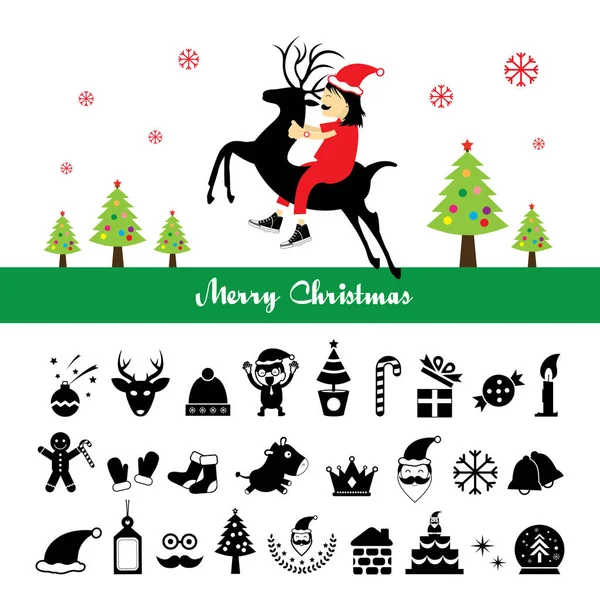 Uomo Costume Babbo Natale Sui Cervi Icone Buon Natale Set Illustrazioni Stock Royalty Free