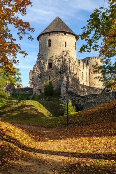 Parque de outono com ruínas do castelo — Fotografia de Stock