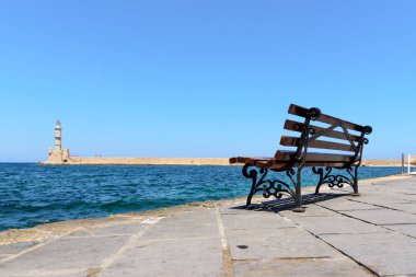Tezgah manzaralı feneri Chania Town adada Crete, Yunanistan