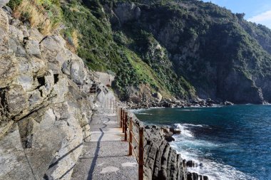 Cinque Terre Milli Parkı, İtalya Riomaggiore şehrin kayalık sahil şeridi Road'da hiking
