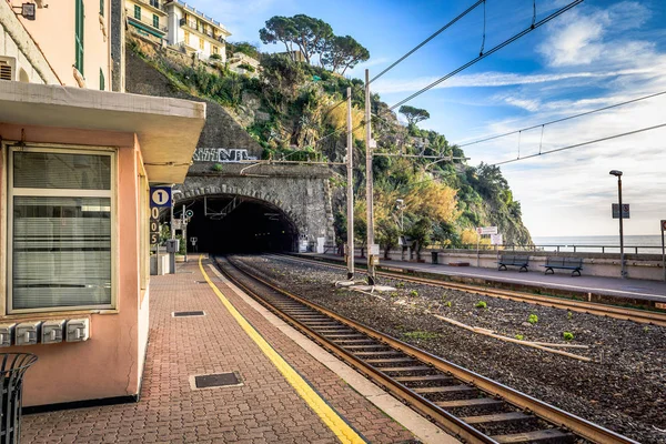 Gare ferroviaire avec tunnel dans la ville de Riomaggiore dans le parc national des Cinque Terre, Italie — Photo