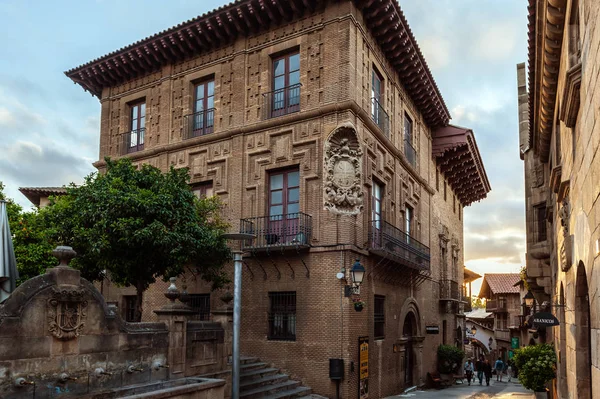 Old vintage brick building at Spanish village at Barcelona town, Catalonia, Spain — Stock Photo, Image