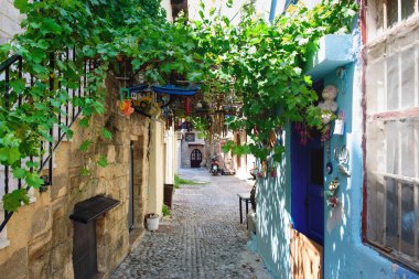 Dar sokakta Rodos Adası ile geleneksel Yunan evleri