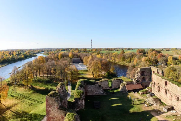 Aerial view on old ruins of castle in Bauska town, Latvia