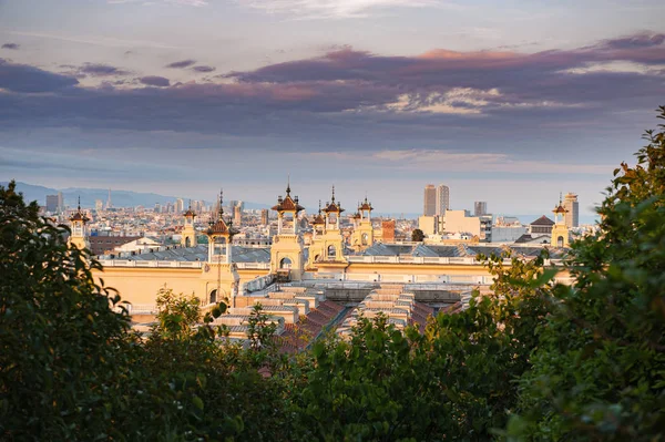 Abendliche Luftaufnahme Der Stadt Barcelona Vom Berg Montjuic Spanien — Stockfoto