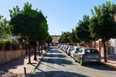 Ronda, İspanya - Aralık 2017: Portakal ağaçları ile park etmiş arabaların sokak