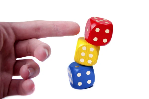 Human Hand Finger Pushing Tower Structure Made Colorful Game Dices — Stock Photo, Image