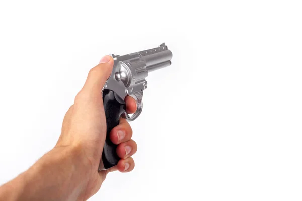 Hand Holding Silver Gun Pulling Trigger Revolver Hand Pointed Away — Stock Photo, Image