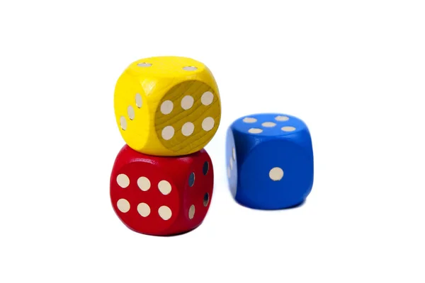 Three Colorful Game Dices Stacked Two Them Showing Six One Stock Photo