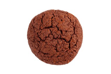 Basit, kahverengi, yuvarlak, koyu çikolatalı kurabiye parçacıklı, beyaz nesne, kesilmiş, çatlaklar. Üst manzara, yukarıdan görünüyor. Geleneksel şekerlemeler, abur cubur konsepti yapmak kolaydır.