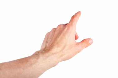 İnsan parmağı beyaz arka planda izole edilmiş, ekrana dokunuyor, dokunuyor ve dokunuyor. Kesiliyor. Medyayla etkileşim, bir şey göstermek, seçmek, arttırılmış gerçeklik el hareketi konsepti