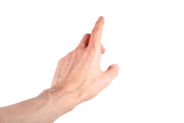 Beyaz arka planda izole edilmiş, ekranı işaret eden, basan, dokunan insan parmağı kesilmiş. AR medyasıyla etkileşim, bir şey göstermek, seçmek, artırılmış gerçeklik etkileşimi konsepti