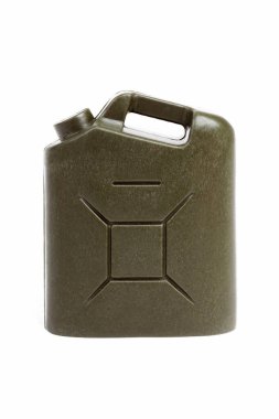 Basit yeşil yakıt bidonu plastik oyuncak modeli, kabzası, gaz sembolü, askeri ekipman, petrol, araba yakıtı soyut kavramı. Suç ortağı, beyaz nesne izole edildi, kesildi.