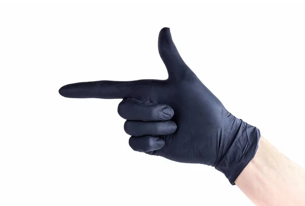 Siyah Tek Kullanımlık Plastik Eldiven Verin Bir Şeyi Işaret Eden — Stok fotoğraf