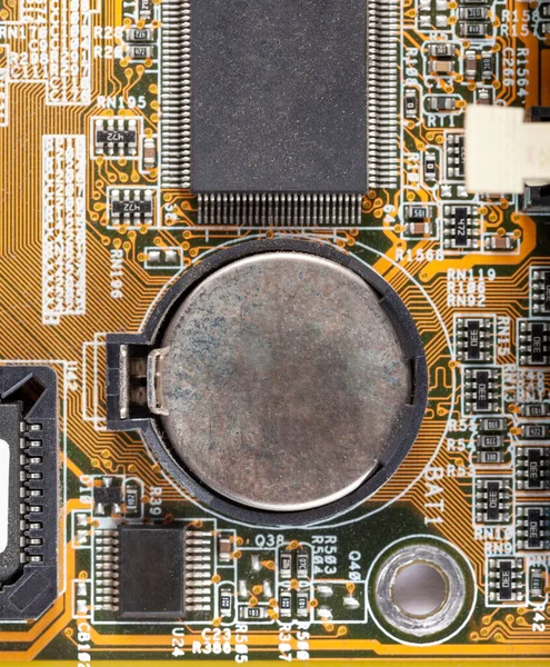Prázdná Stará Zrezivělá Baterie Cmos Makru Základní Desky Detailní Záběr — Stock fotografie