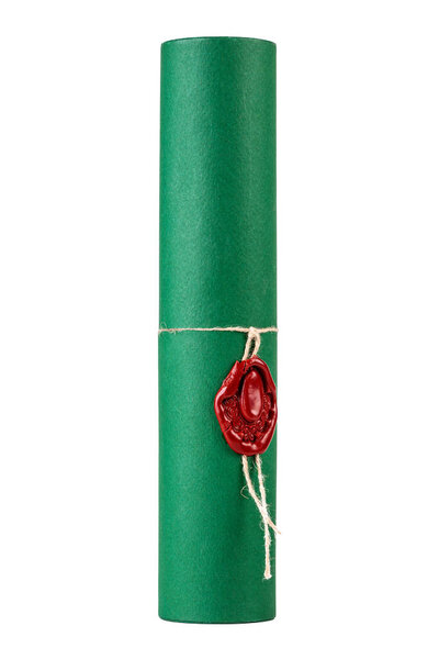 Stylish green certificate diploma tube, cylinder with the red wax seal, object isolated on white cut out Simple paper document container design, sealing wax Graduation, important message symbol concept

