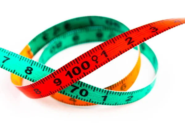 简单的彩色卷曲测量带显示100 100 女性符号 体形尺寸腰围尺寸肥胖 超重健康问题抽象概念 — 图库照片