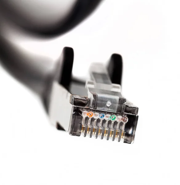 Cabo Preto Ethernet Patch Conector Final Plug Macro Close 8P8C — Fotografia de Stock