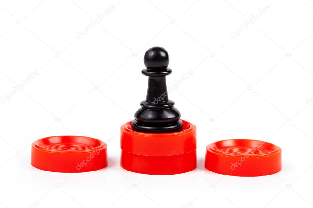 Simple black chess piece, pawn standing on a red podium, first place the best player, employee, winner, 1st place abstract business concept with game pieces isolated on white. Matchless, unparalleled