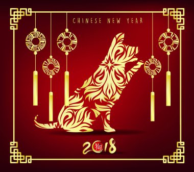 Mutlu yeni yıl 2018 tebrik kartı ve köpek Çin yeni yılı