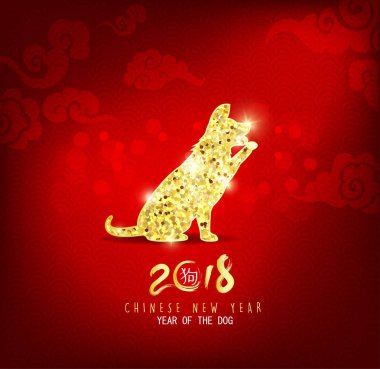 Happy new year 2018 greeting card, chinese new year of ther dog and blossom background clipart