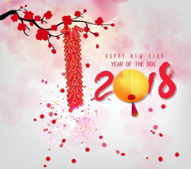Mutlu yeni yıl 2018 tebrik kartı ve Çin yeni yılı köpek, kiraz çiçeği arka plan