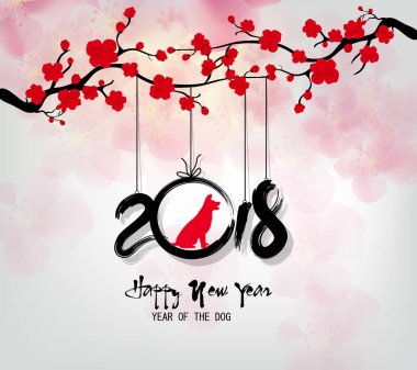 Mutlu yeni yıl 2018 tebrik kartı ve Çin yeni yılı köpek, kiraz çiçeği arka plan