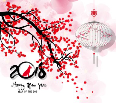 Mutlu yeni yıl 2018 tebrik kartı ve köpek Çin yeni yılı