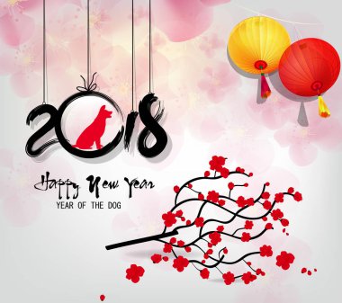Mutlu yeni yıl 2018 tebrik kartı ve köpek Çin yeni yılı