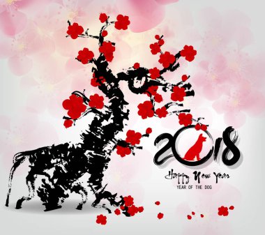 Mutlu yeni yıl 2018 tebrik kartı ve köpek Çin yeni yılı