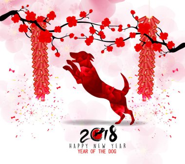 Mutlu yeni yıl 2018 tebrik kartı ve köpek Çin yeni yılı