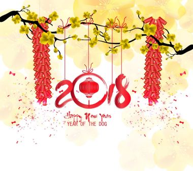 Mutlu yeni yıl 2018 tebrik kartı ve Çin yeni yılı köpek, kiraz çiçeği arka plan