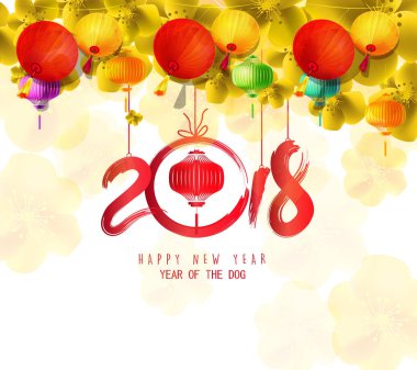 Mutlu yeni yıl 2018 tebrik kartı ve Çin yeni yılı köpek, kiraz çiçeği arka plan