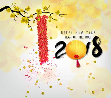 Mutlu yeni yıl 2018 tebrik kartı ve Çin yeni yılı köpek, kiraz çiçeği arka plan