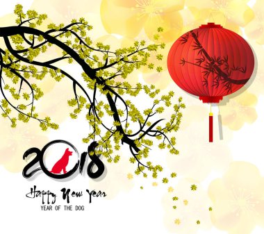 Mutlu yeni yıl 2018 tebrik kartı ve Çin yeni yılı köpek, kiraz çiçeği arka plan