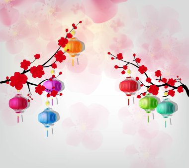 Mutlu yeni yıl 2018 tebrik kartı ve Çin yeni yılı köpek, kiraz çiçeği arka plan