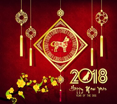 Mutlu yeni yıl 2018 tebrik kartı ve köpek Çin yeni yılı