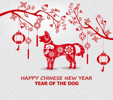 Mutlu yeni yıl 2018 tebrik kartı ve köpek Çin yeni yılı